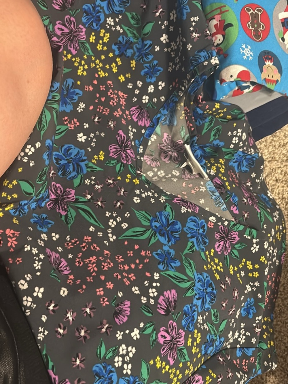 Floral V-Neck Scrub Top in Black with Blue & Pink Flowers